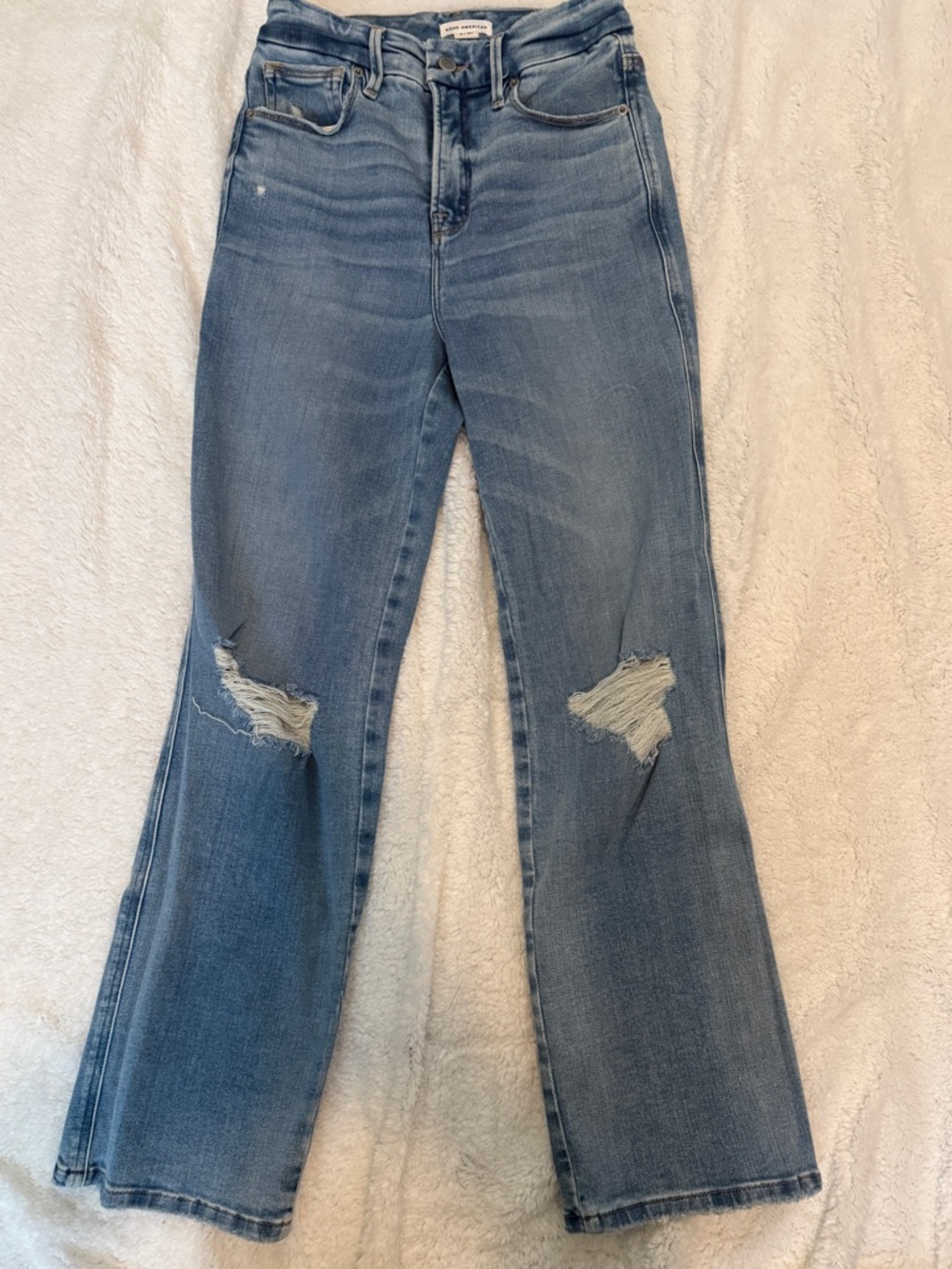 Good American Light Blue Distressed Flare Jeans